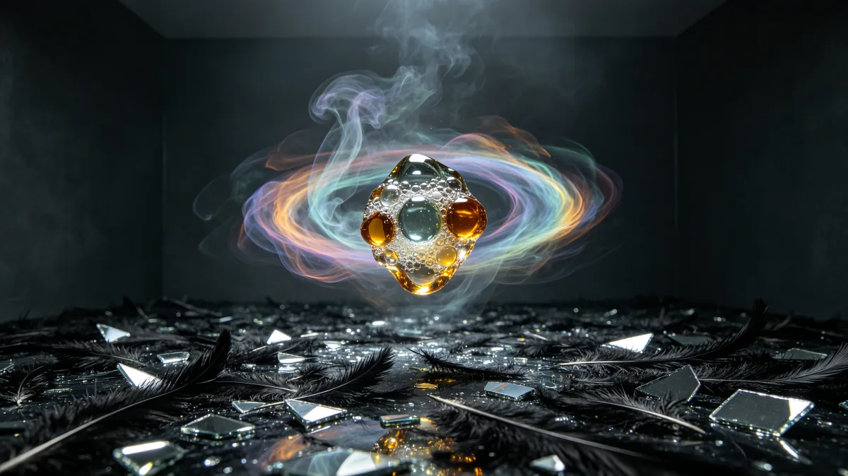 A smoking golden heart hovers above broken glass and dark reflective fragments.