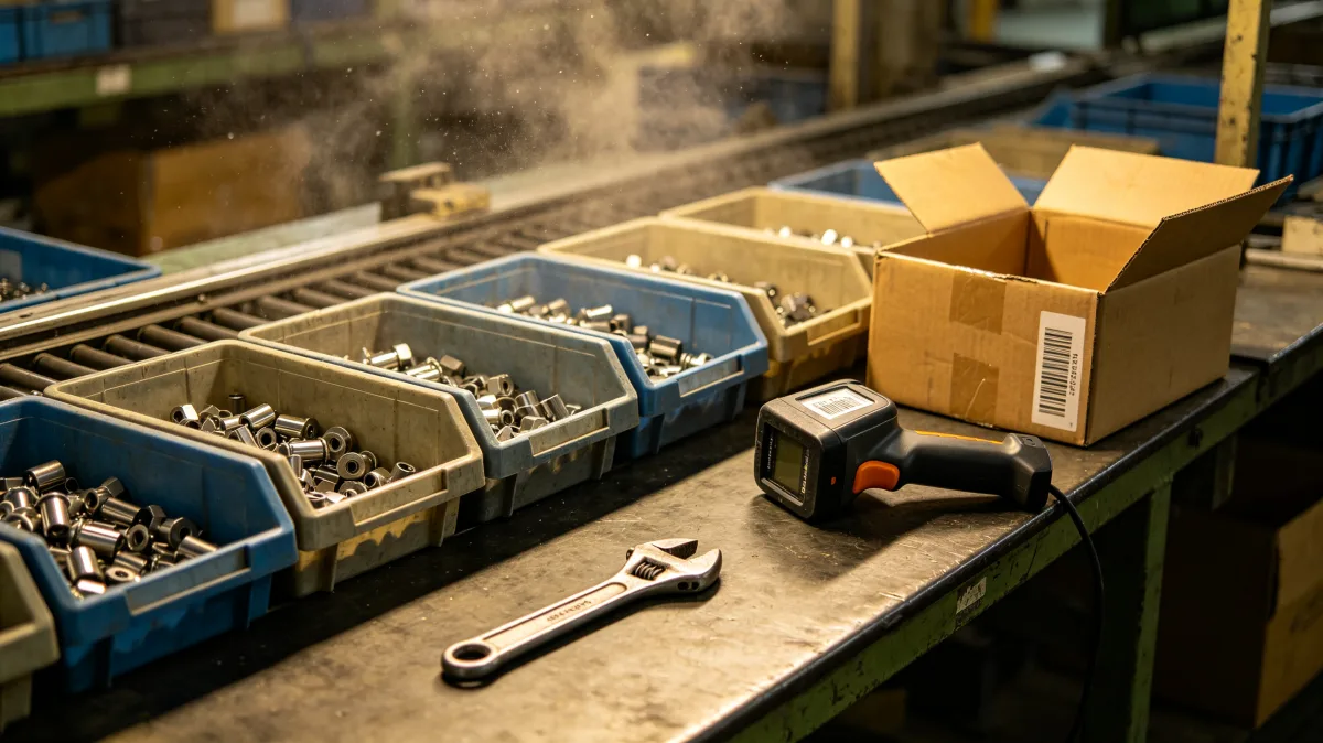 factory workbench with metal parts bins tools and boxes