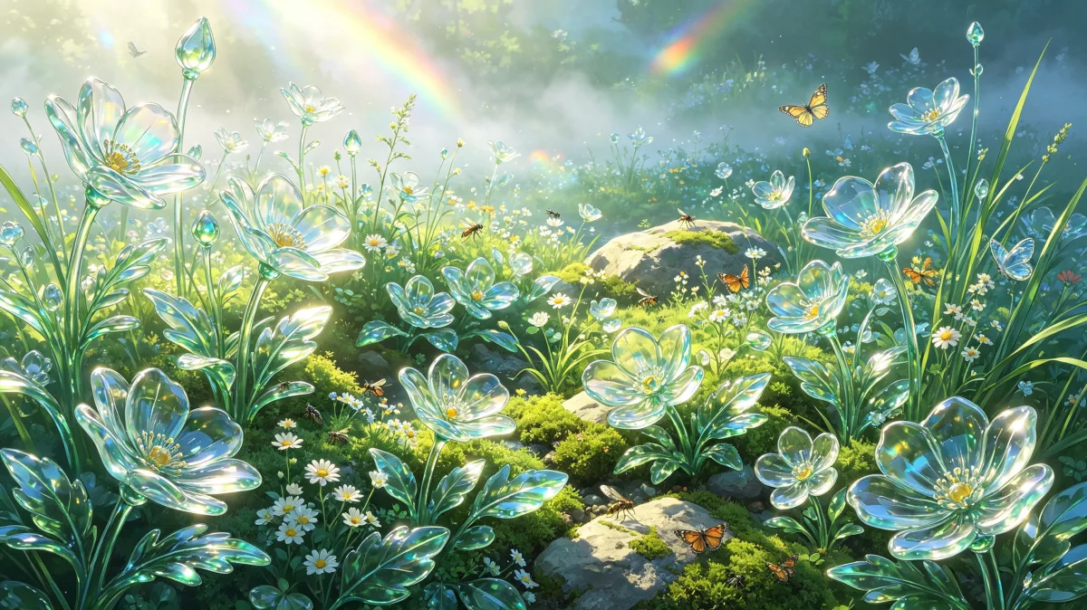 transparent glassy flowers and fresh grass sparkle under soft rainbow light, making a delicate spring meadow closeup for freshness, renewal, morning dew, floral fantasy, and gentle nature backgrounds.