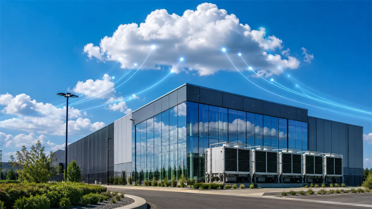 A glass data center building is connected to a luminous cloud graphic in the sky, combining physical hosting facilities with cloud computing, managed services, distributed storage, and online...