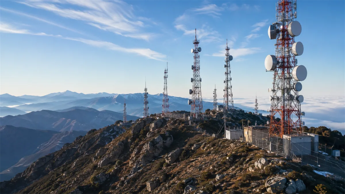 several red and white transmission towers stand on a rocky mountain ridge, showing long-range wireless communication, rural broadcast infrastructure, and elevated relay sites for remote connectivity.