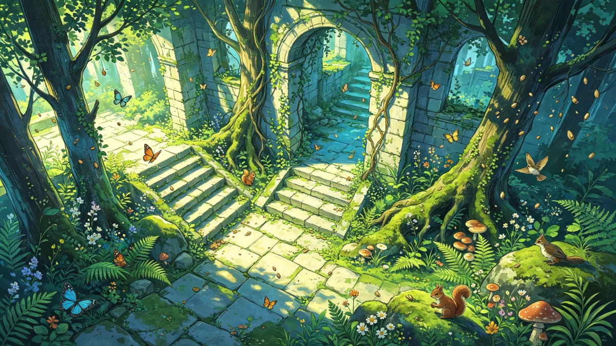 Moss-covered stairs lead through an overgrown stone ruin surrounded by huge roots, vines, mushrooms, and drifting leaves, creating a mysterious green doorway into an old forest path or forgotten...
