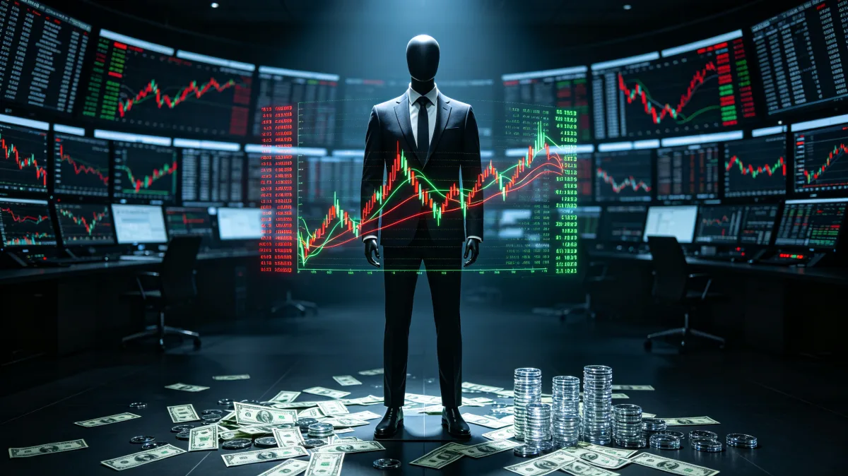 A suited figure stands in a dark trading room surrounded by red and green market charts, scattered papers, and glowing data panels, conveying pressure, volatility, and decision-making under...
