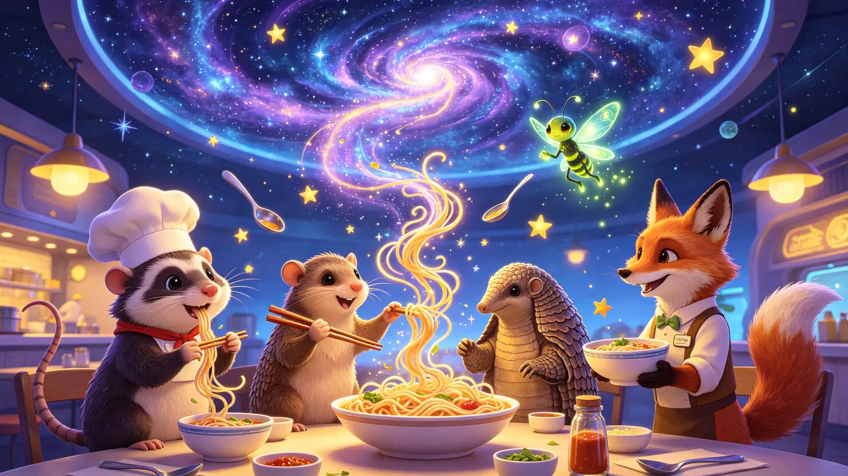 A colorful storybook cartoon scene featuring animal friends sharing galaxy soup, designed for playful children-friendly illustration use.