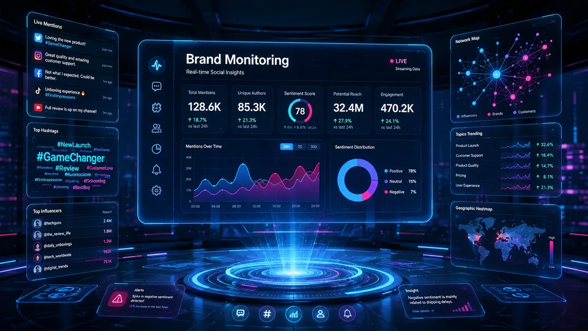 A futuristic brand monitoring dashboard shows social mentions, sentiment charts, engagement graphs, and network maps across glowing blue panels.