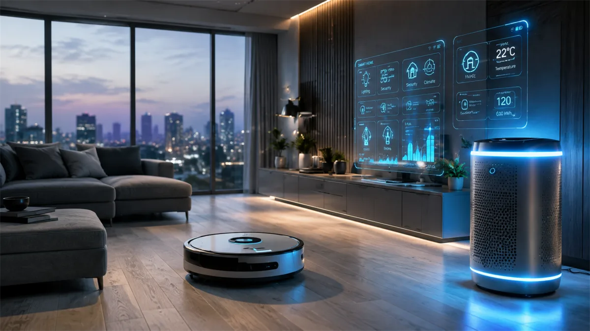 A smart air purifier glows beside a robot vacuum and wall dashboard showing indoor environment data in a city apartment.