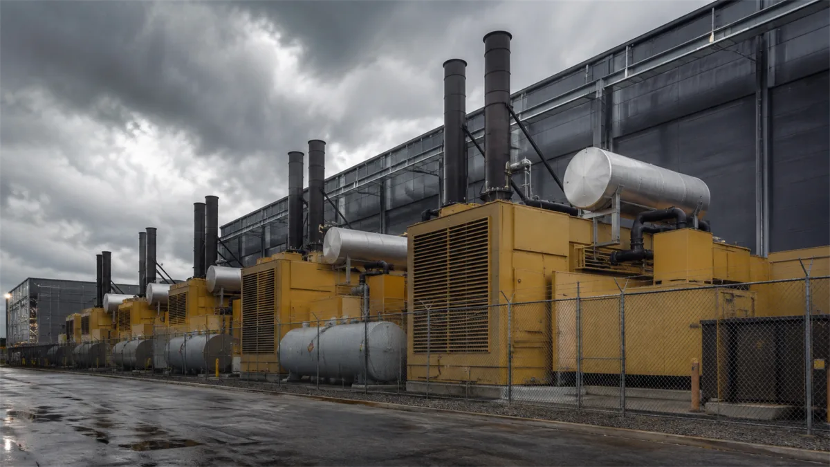 Yellow industrial units, tanks, pipes, and smokestacks stand beneath gray storm clouds, providing a serious infrastructure image for energy supply, utilities, power demand, and the industrial side...