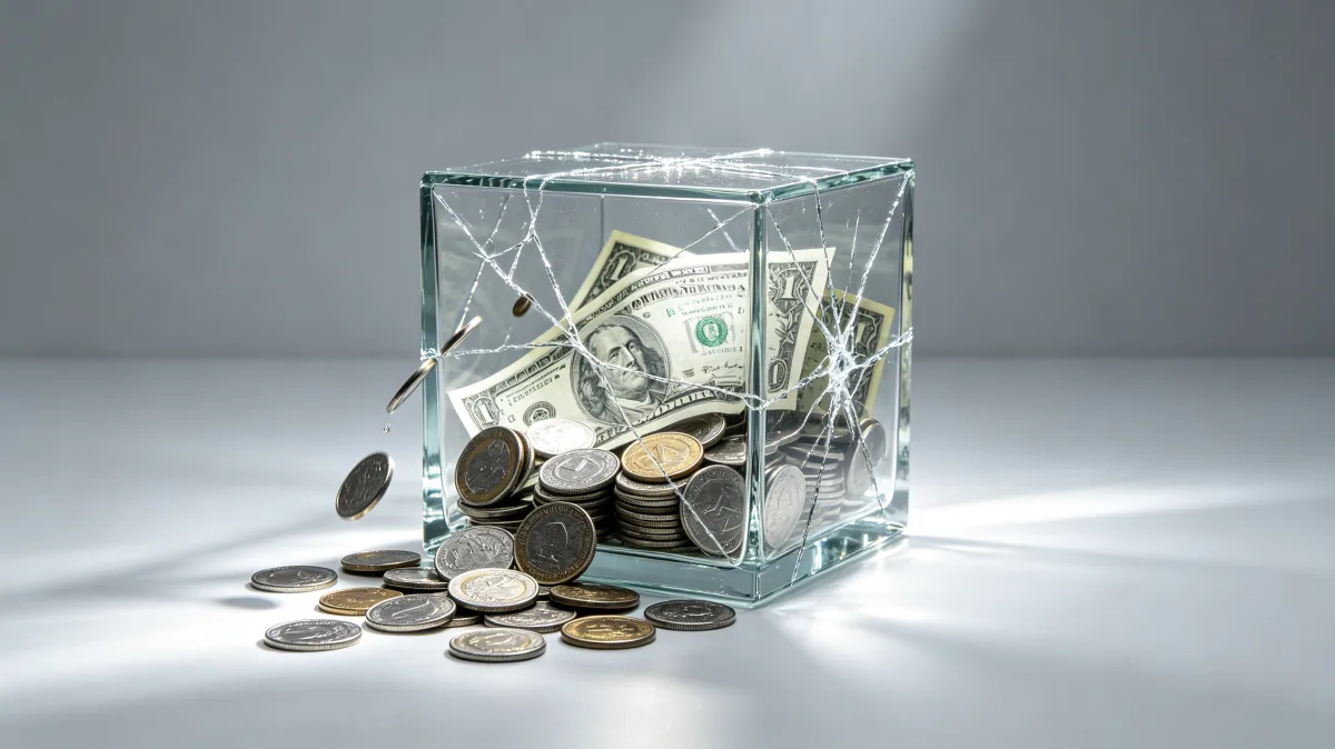 A transparent ice cube traps dollar bills and coins on a gray surface, making a crisp metaphor for frozen assets, delayed payments, restricted liquidity, or money locked away.