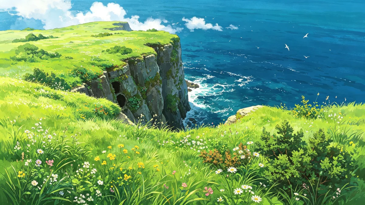 a steep grassy cliff faces a vivid blue ocean with white surf below, offering a clean natural landscape for coastal travel, open-air backgrounds, sea cliffs, summer scenery, and fresh green horizons.