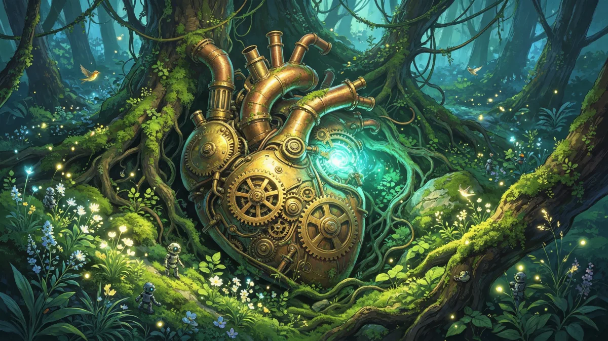 A brass mechanical heart rests among roots, moss, and glowing green light in a forest, combining nature and machinery into a poetic concept about life systems, ecology, restoration, and organic...