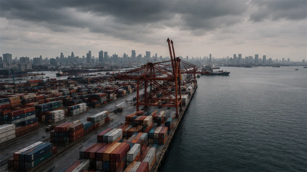 A container terminal stretches along water beneath a stormy skyline, showing shipping volume, trade dependency, and vulnerability in global goods movement.