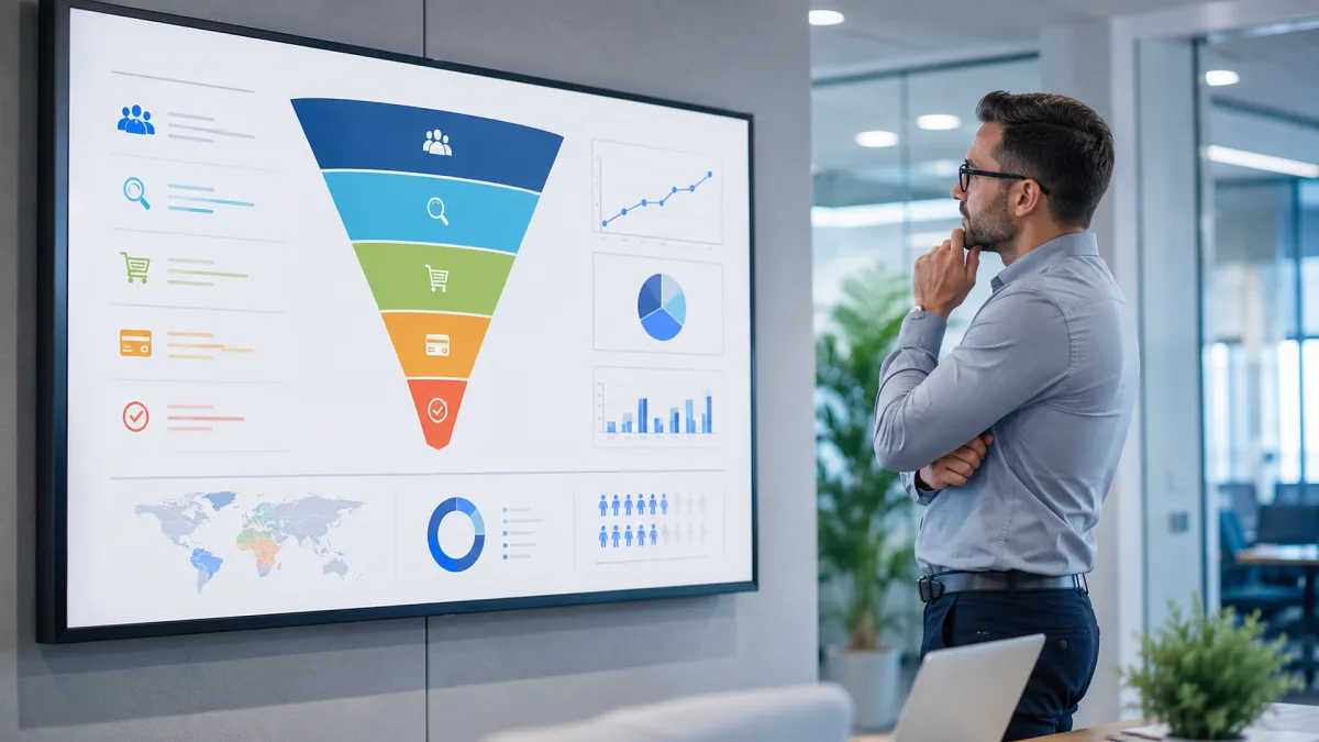 A large sales funnel chart appears on a meeting room screen with ecommerce metrics and maps.