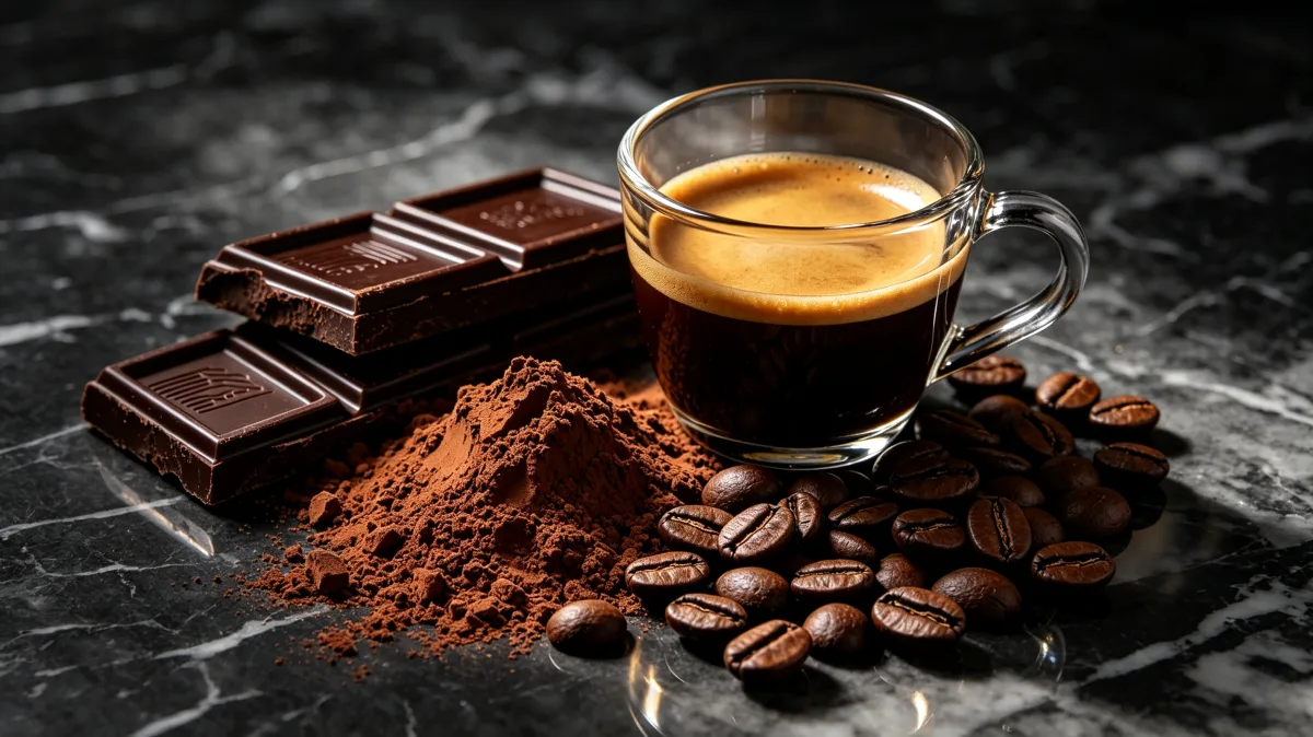 espresso with dark chocolate coffee beans and cocoa powder