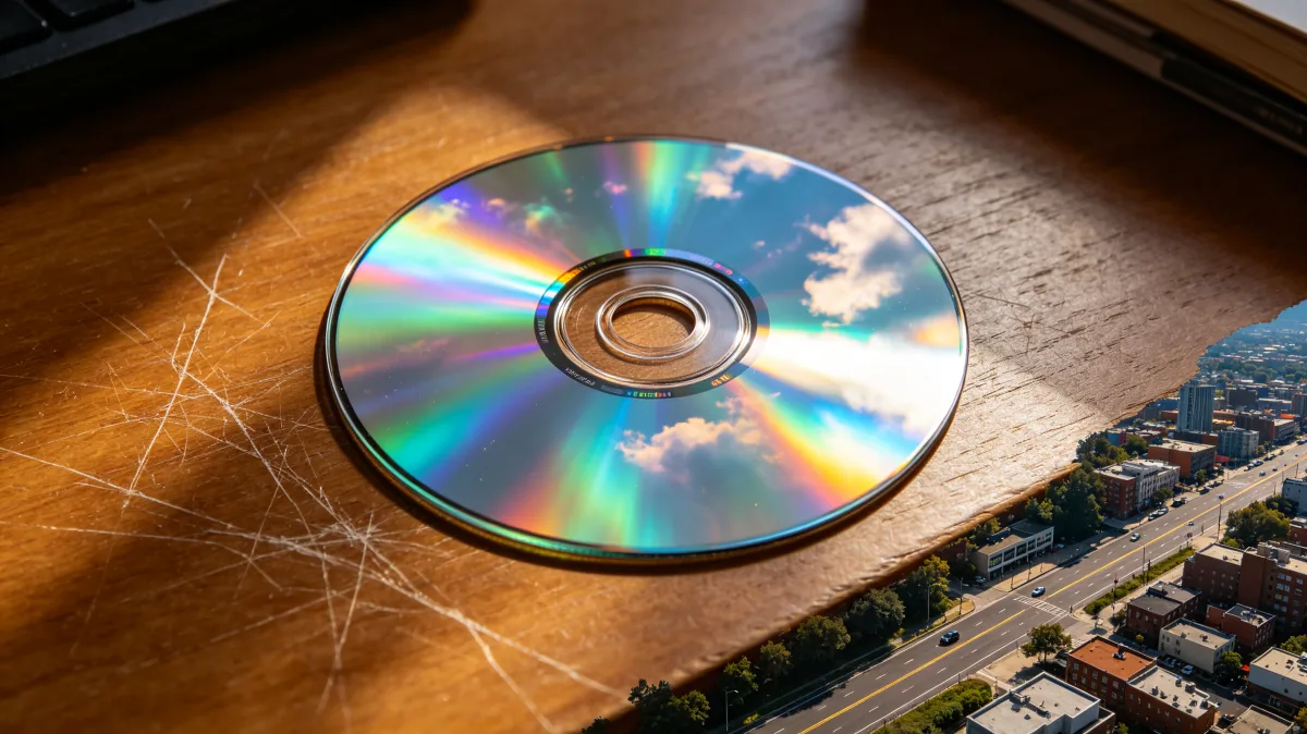 A reflective compact disc lies across a rooftop view and reflects sky colors, creating a nostalgic storage and media concept for data archives, old technology, music, memory, and changing digital...