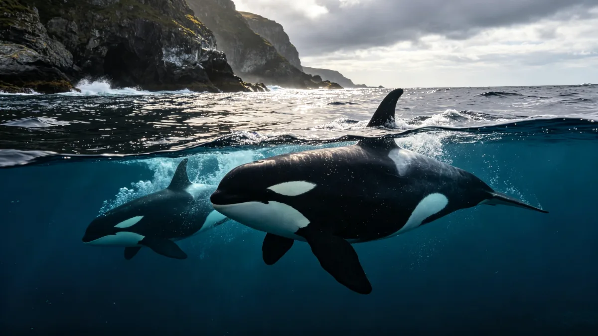 Orca whales swimming near rocky ocean coastline