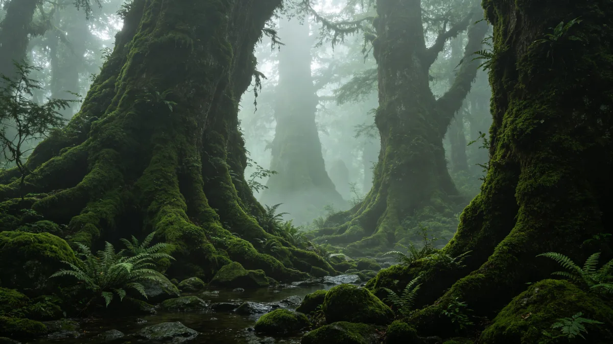 ancient mossy tree with ferns in foggy forest