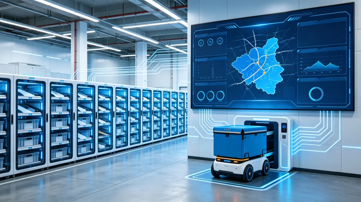 Autonomous warehouse robot in smart logistics center with digital route display
