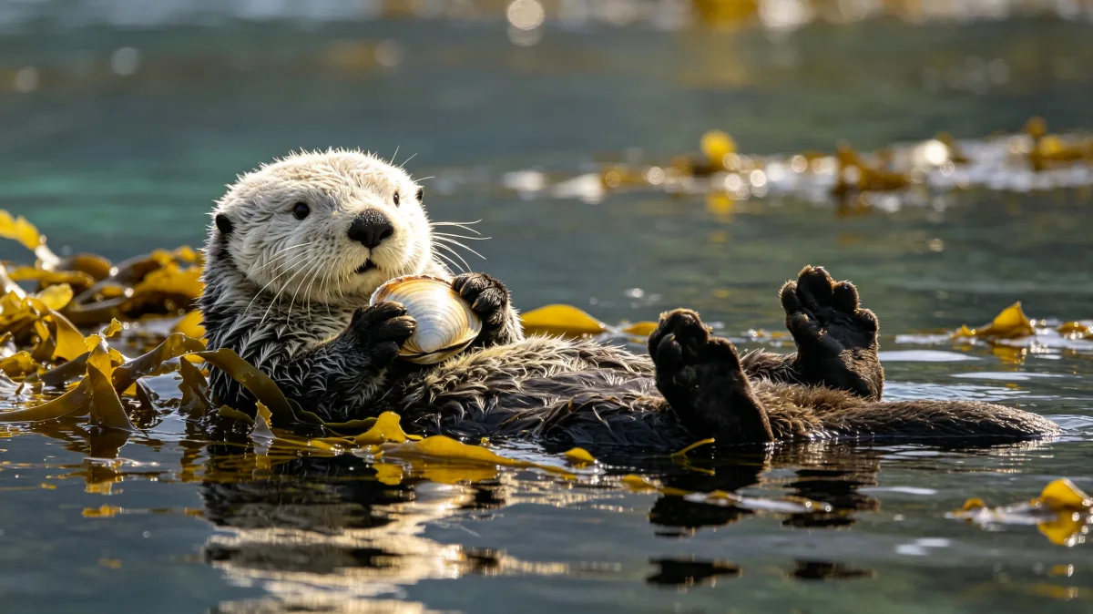Sea otter floating on back among kelp in coastal water