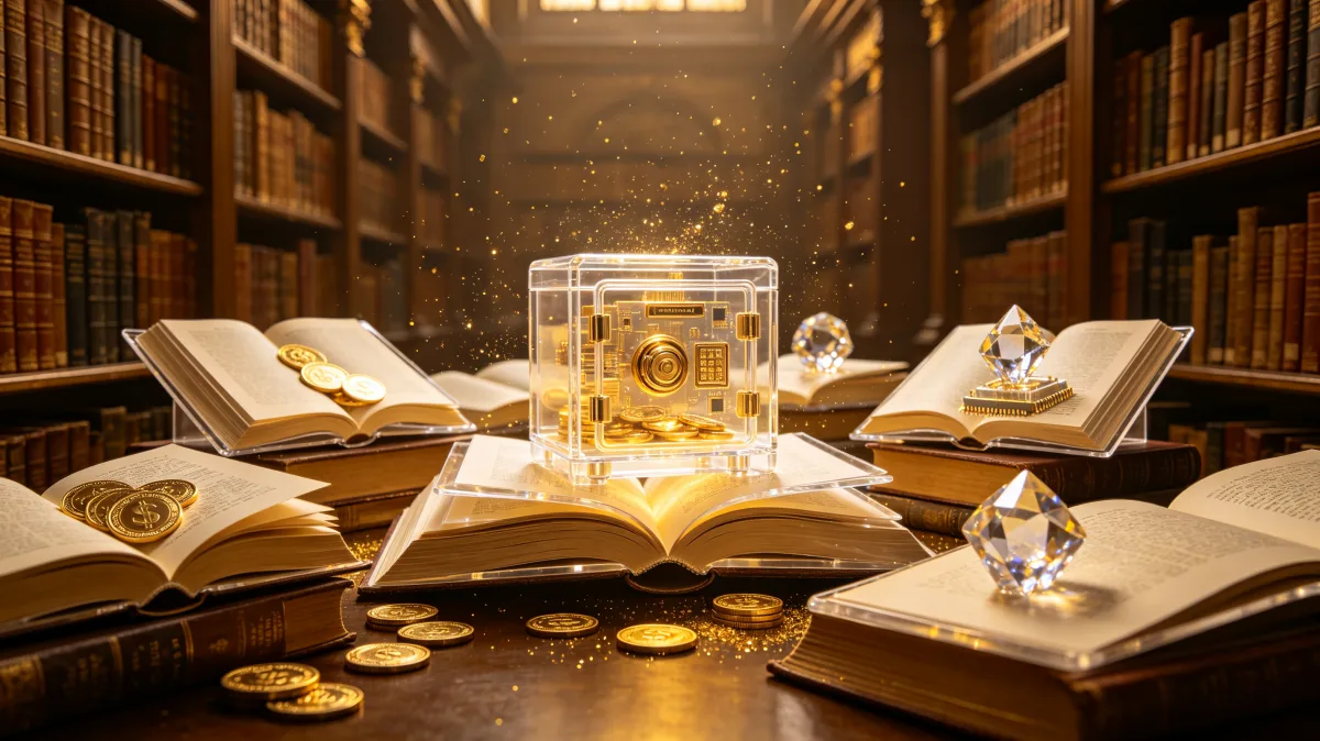 Open books and a glass cube filled with gold coins sit in a library-like setting, combining study, wealth knowledge, investment research, and the idea of financial information preserved in books.