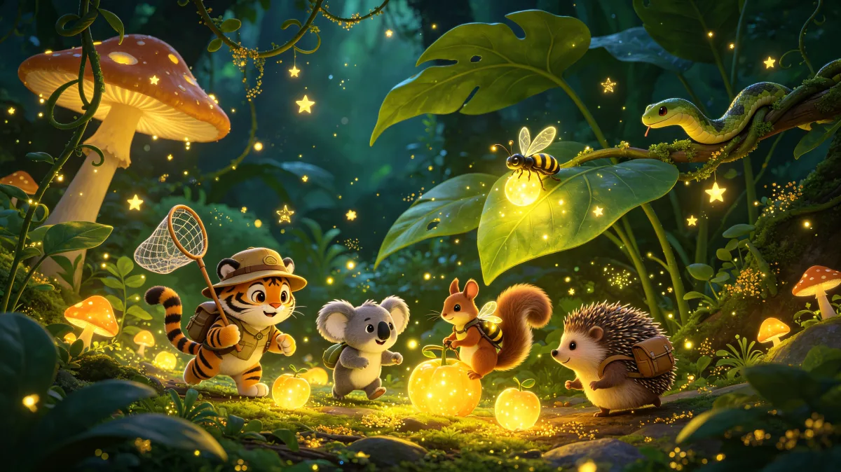 A colorful storybook cartoon scene featuring firefly explorer camp in mushroom forest, designed for playful children-friendly illustration use.