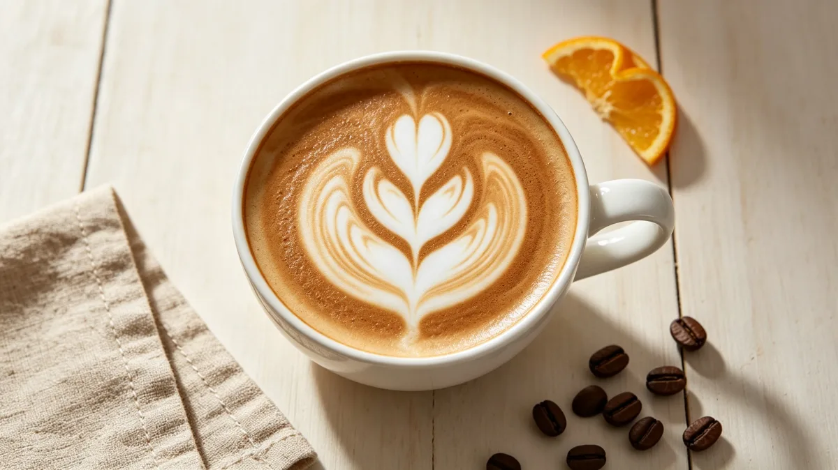 latte with leaf foam art beside coffee beans and orange slice