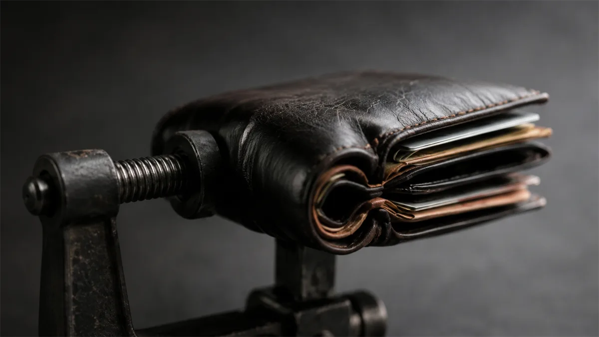 A worn wallet is squeezed by a metal clamp, representing tight budgets, debt pressure, cash shortage, and squeezed household spending.
