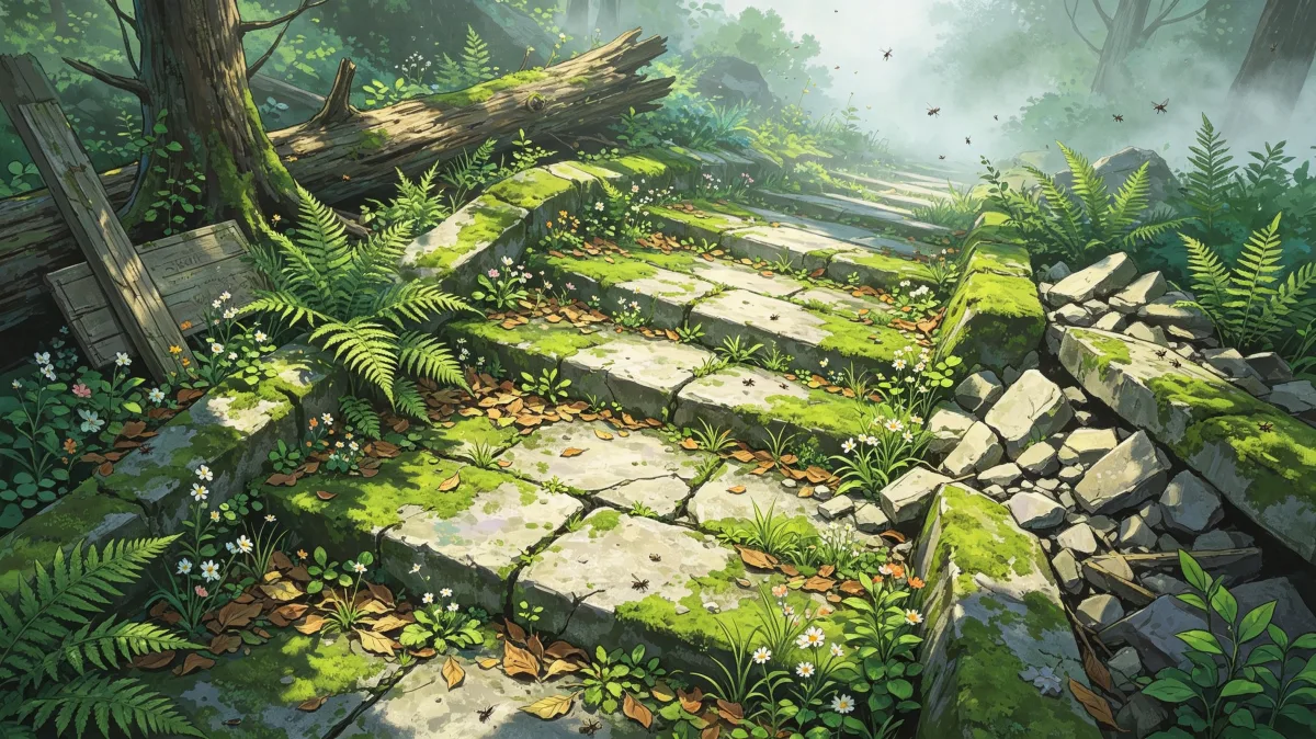 Broken stone paving disappears through ferns, moss, and fallen branches in a quiet abandoned garden, showing natural overgrowth, forgotten pathways, gentle decay, and the calm beauty of a green...