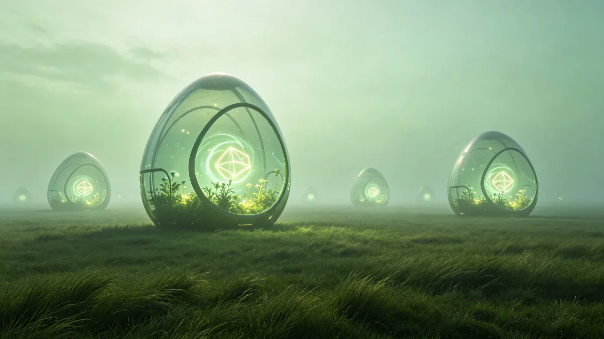 Translucent glass egg structures glow in a foggy green field like strange living habitats.