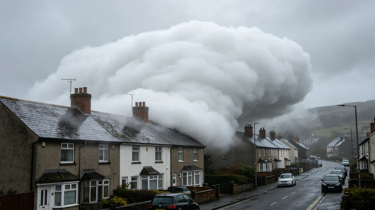 A dense white cloud rolls along a village street between houses under gray skies, creating a surreal weather image about fog, climate, domestic disruption, and atmosphere entering everyday...