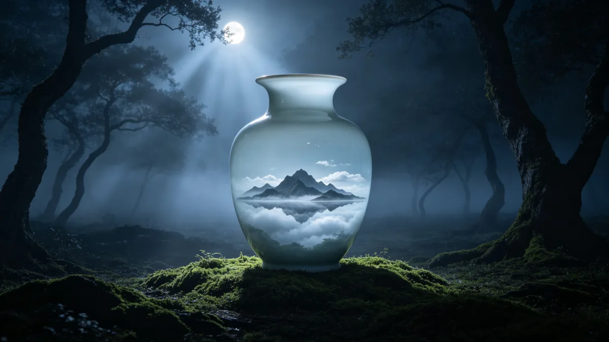 A glass vase holds a moonlit mountain scene in a dark forest.