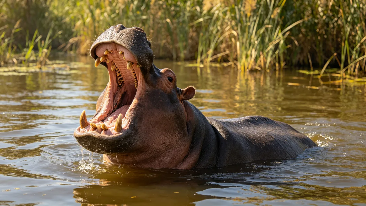 Hippo displaying huge jaws while resting in freshwater river.