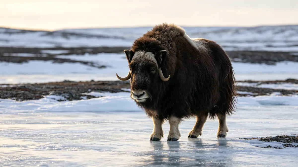 Musk ox standing on frozen snowy tundra