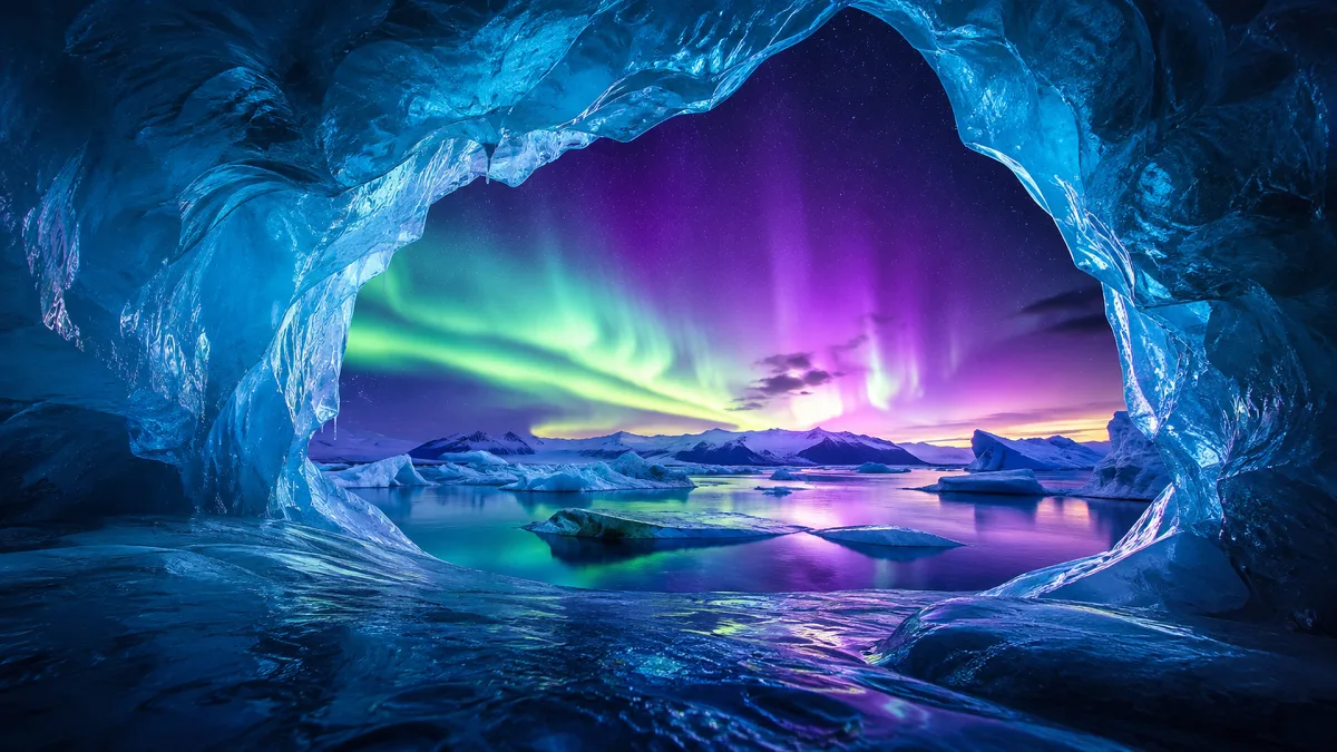 ice cave opening framing aurora over frozen shoreline