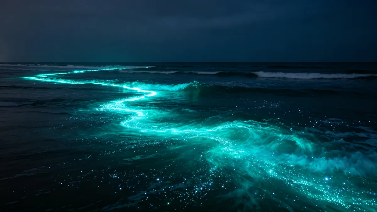turquoise bioluminescent water glows across waves on a dark shoreline.