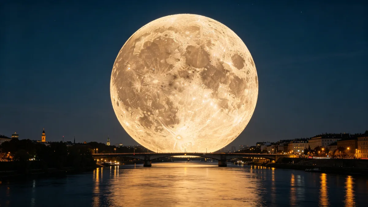 a huge full moon appears low over a city riverfront at night, creating a dreamlike astronomical scene for nighttime travel, tides, calendars, urban romance, and surreal scale.