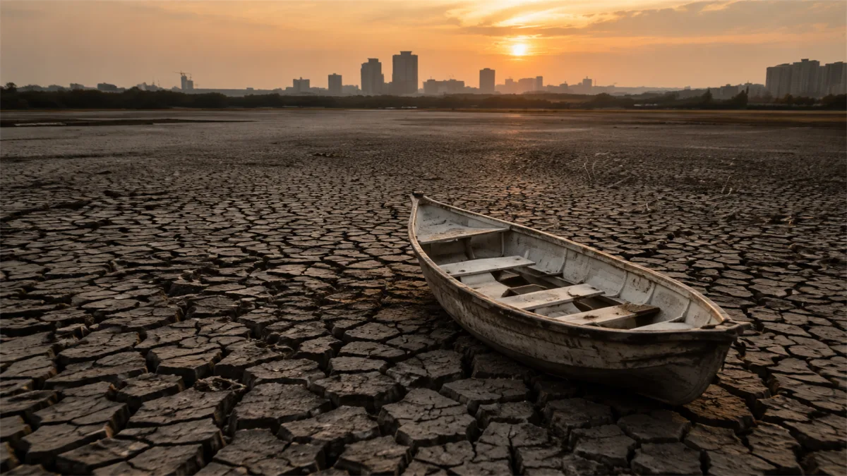 A small boat rests on cracked earth near a distant skyline, suggesting drought, resource scarcity, and the economic impact of environmental stress.