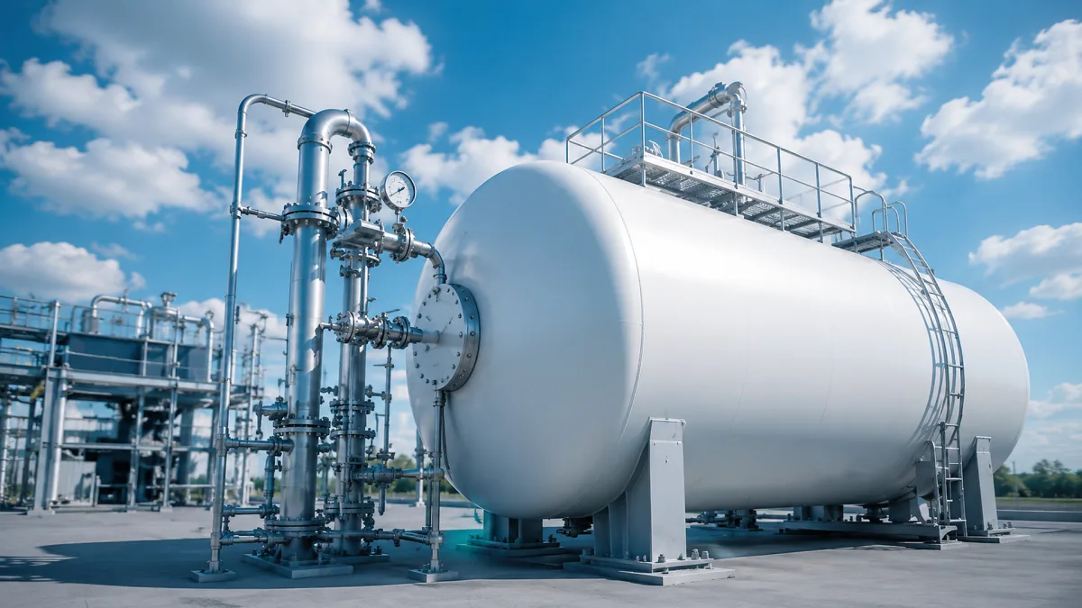 A large white storage tank and pipework sit in a bright industrial hydrogen facility.
