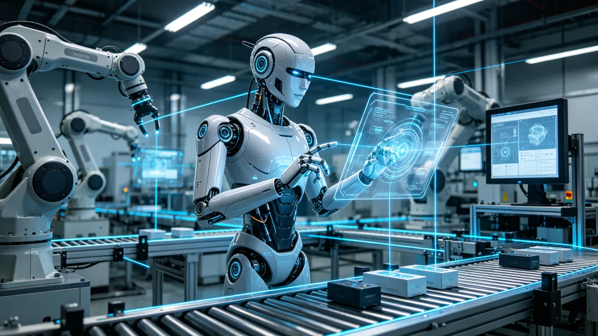 Humanoid robots assembling electronics in automated high tech factory
