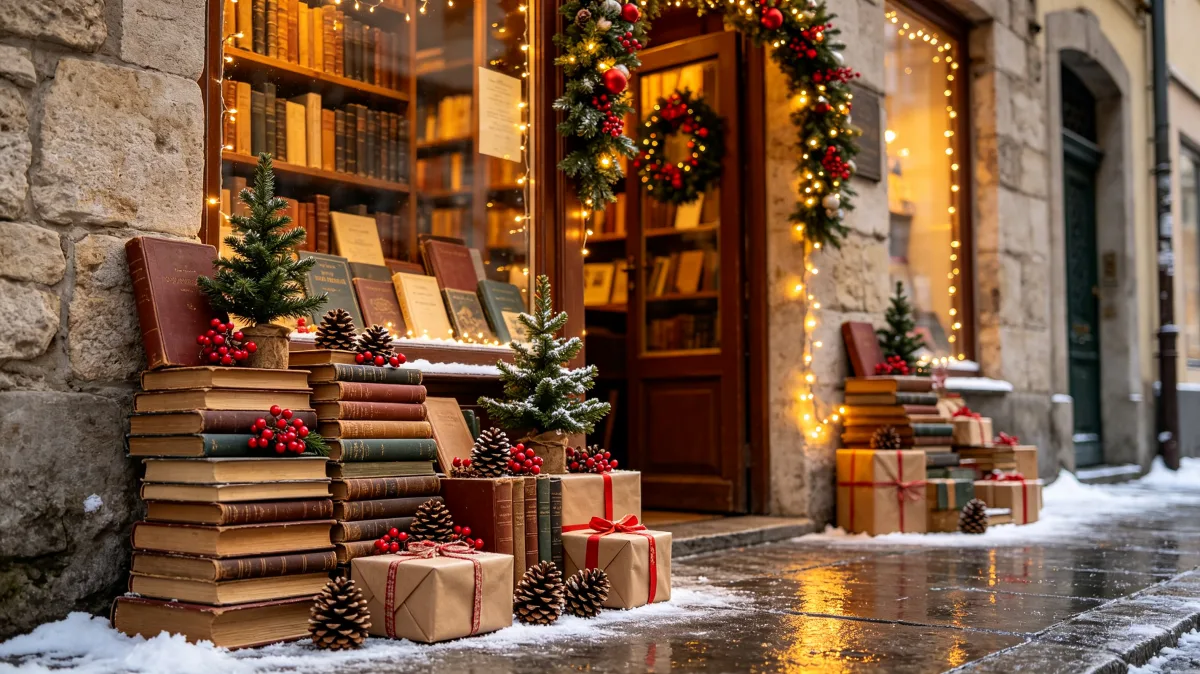 bookshop steps decorated with Christmas garlands and gifts