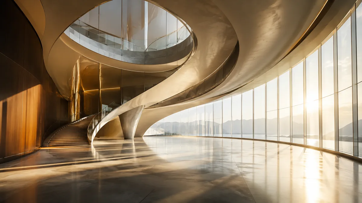 modern atrium with sculptural spiral staircase and tall windows