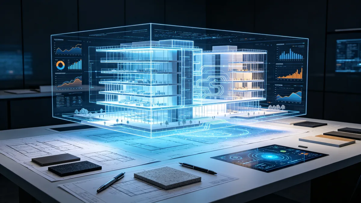 Architect desk with glowing holographic building model and design analytics