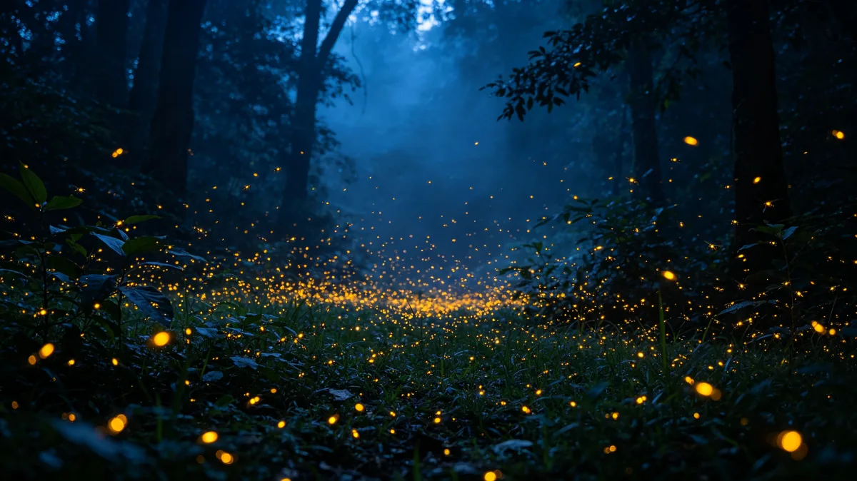 Fireflies glowing in dark forest with golden light trails