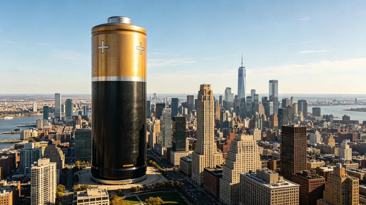 an enormous battery rises above a dense city skyline, representing stored energy, urban power demand, electrification, charging systems, and the scale of infrastructure behind modern life.