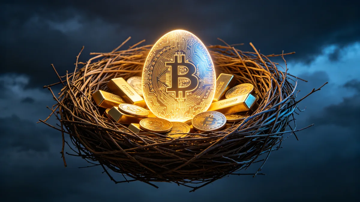 A golden egg marked with a bitcoin symbol rests inside a bird nest under focused light, suggesting crypto savings, speculative incubation, digital assets, and the fragile promise of future value.