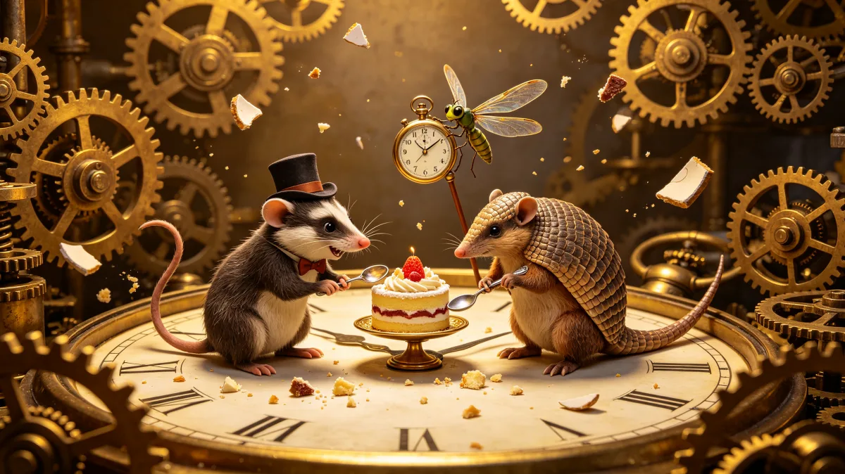 A colorful storybook cartoon scene featuring steampunk tea party with mole and hedgehog, designed for playful children-friendly illustration use.