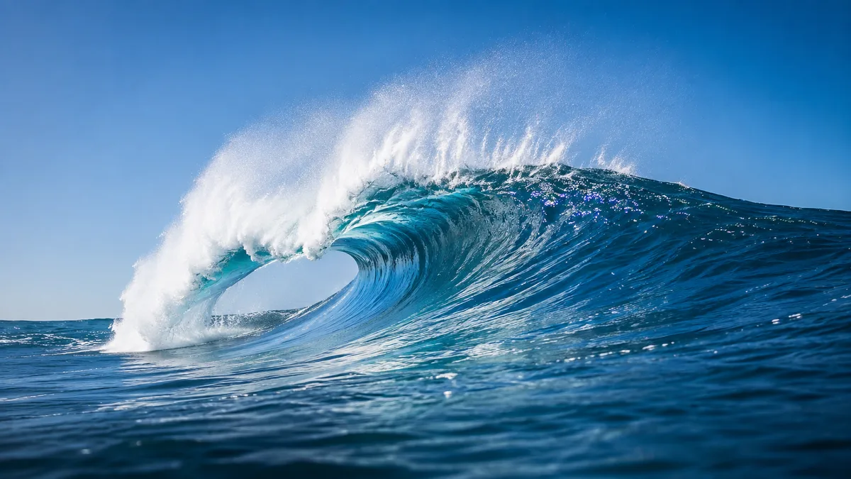 A clean blue ocean wave curls in bright light, suited to wave energy and marine power themes.