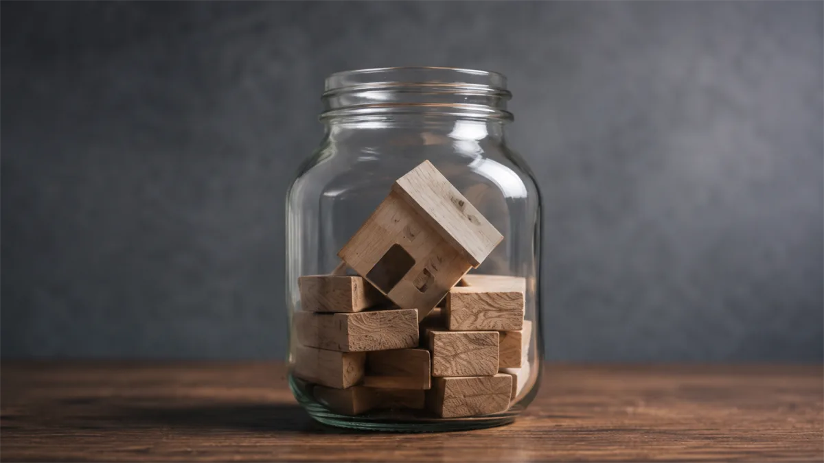 Small wooden house blocks sit inside a glass jar, suggesting housing savings, property goals, rent pressure, and long-term affordability planning.