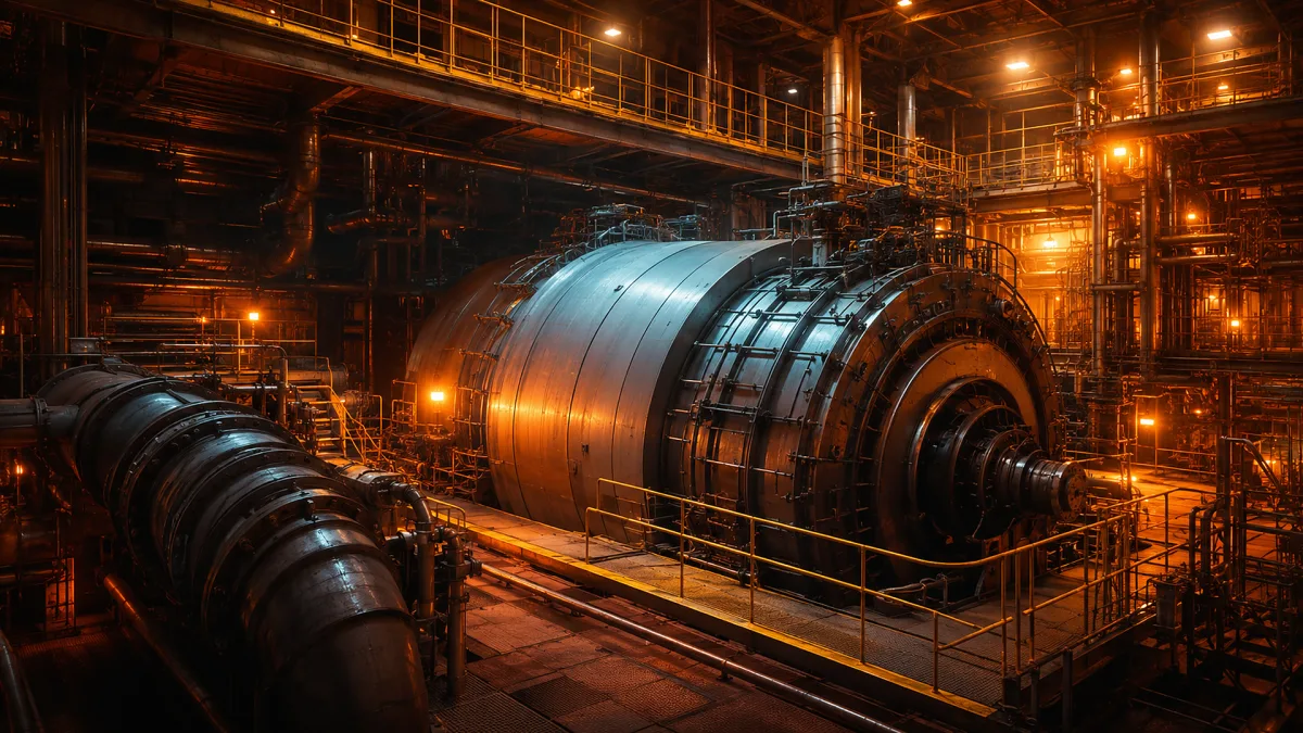 A large turbine generator sits inside a warm industrial power hall.