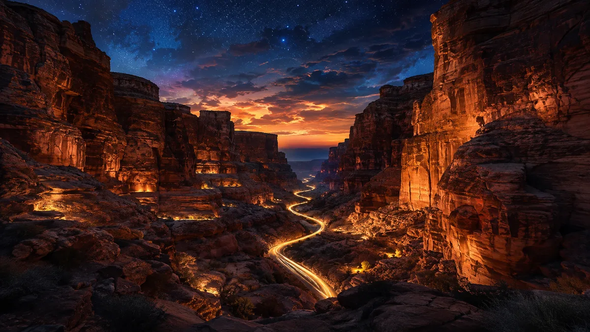 canyon settlement with glowing road at dusk