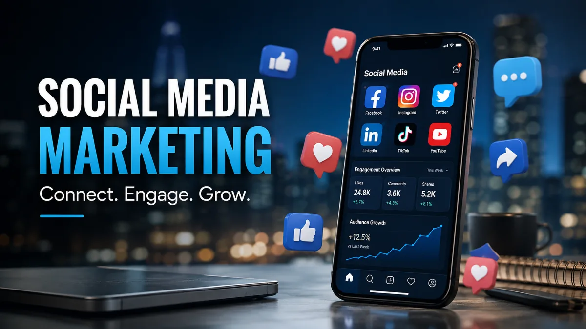 A phone and laptop display social media marketing channels, reactions, messages, and platform icons against a night city backdrop.
